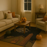Machine washable spooky rug featuring rustic house and chimney under moonlight.